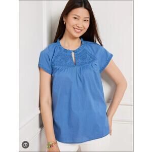Talbots Women’s Petite L Blue Cotton Blend Embroidered Keyhole Blouse Top Boho